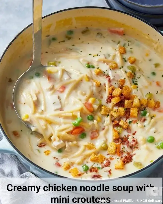 Creamy chicken noodle soup with mini croutons